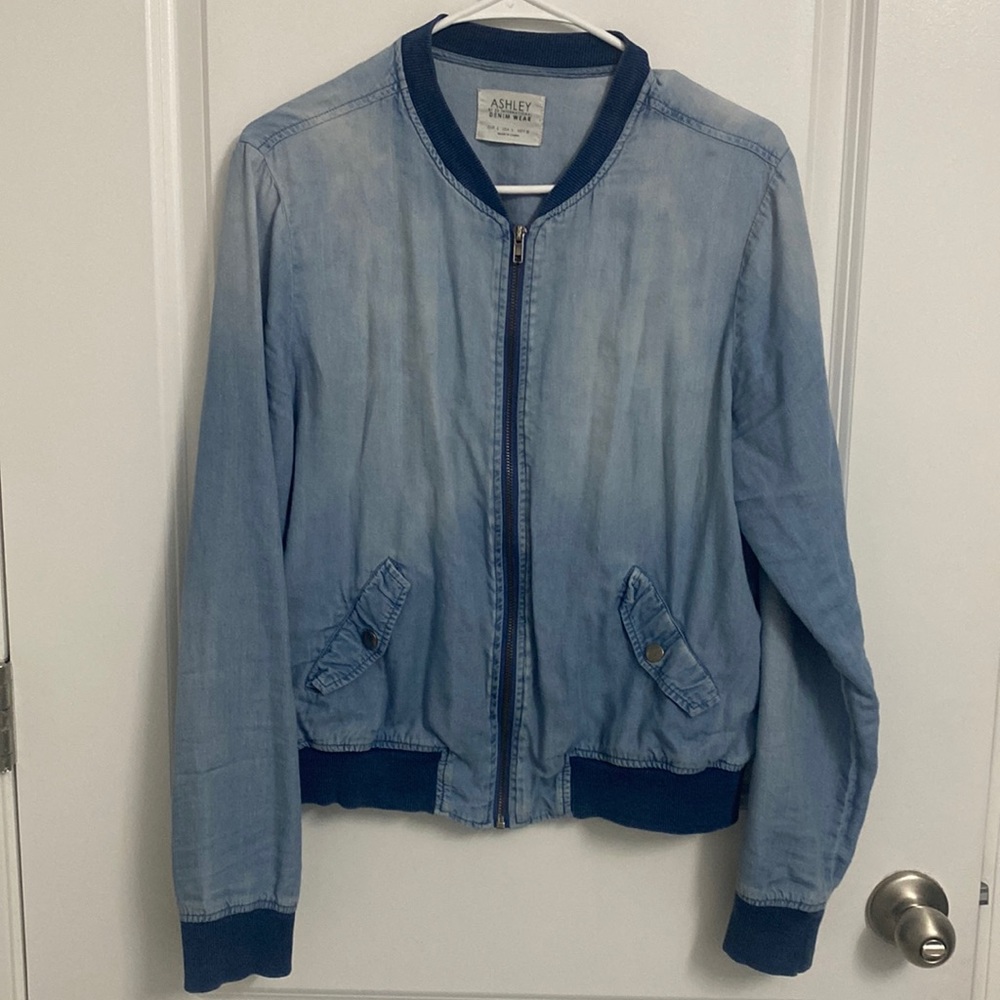 ASHLEY By 26 Internacional Wear Blue Denim Bomber Jacket Size L